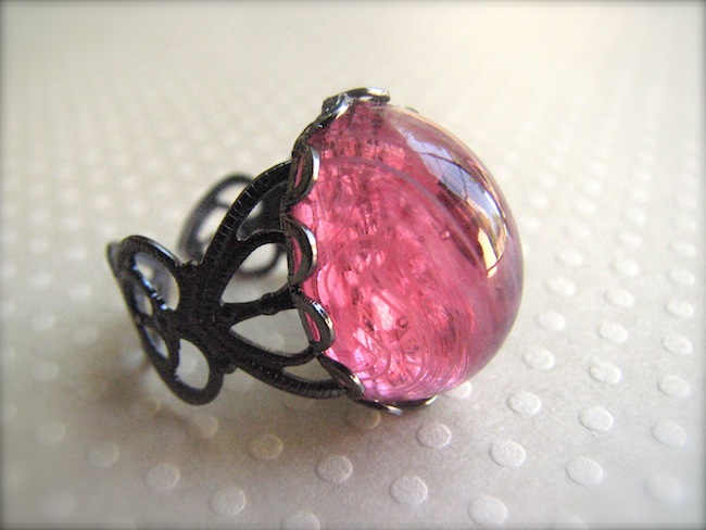 Vintage German Glass & Gunmetal Adjustable Ring - Cotton Candy
