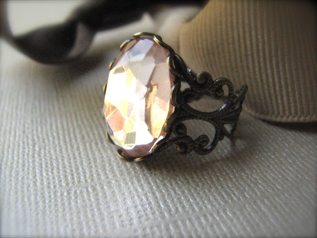 Vintage Peach Faceted Glass and Brass Adjustable Ring - Blush